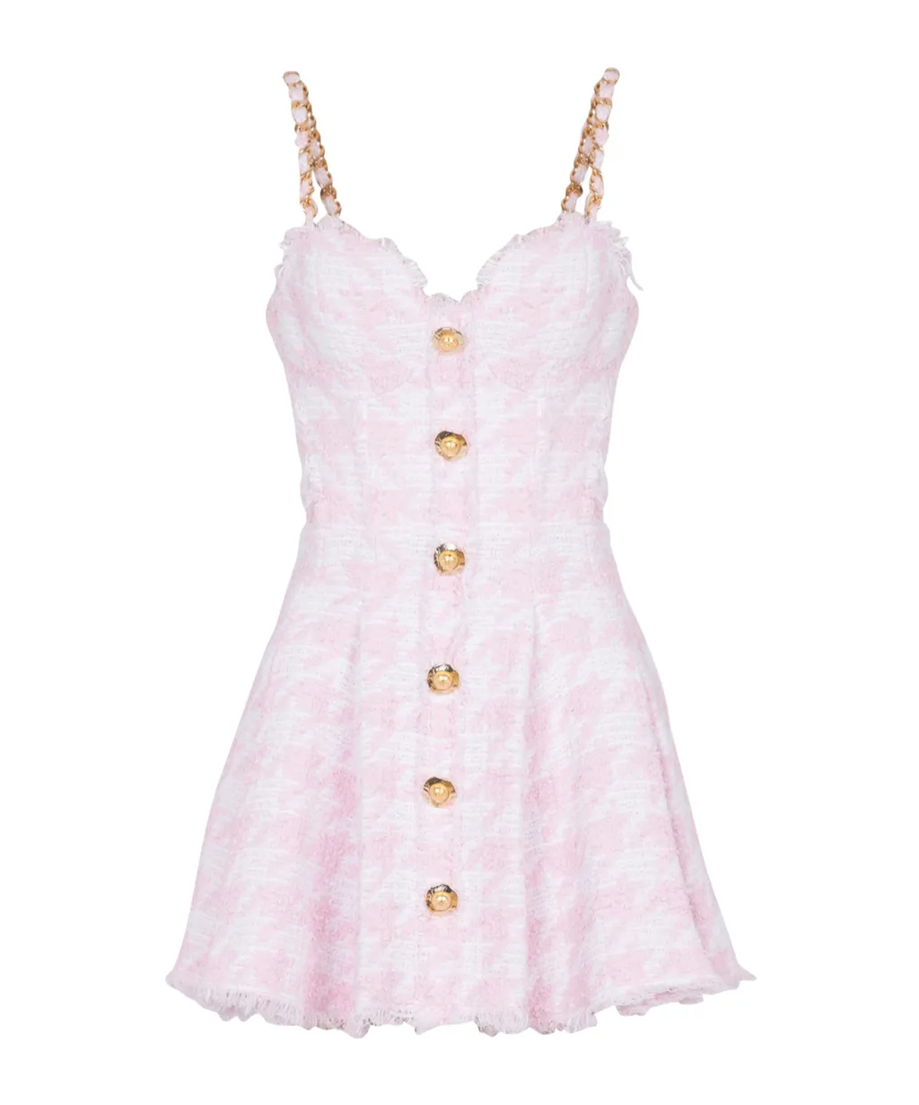 Balmain Strappy Houndstooth Tweed A-Line Dress