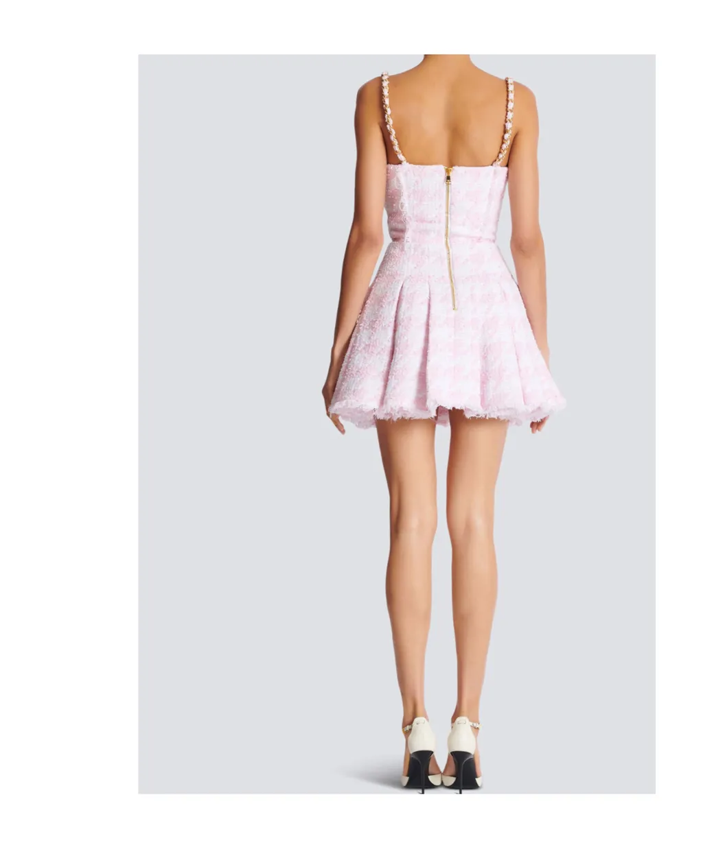 Balmain Strappy Houndstooth Tweed A-Line Dress