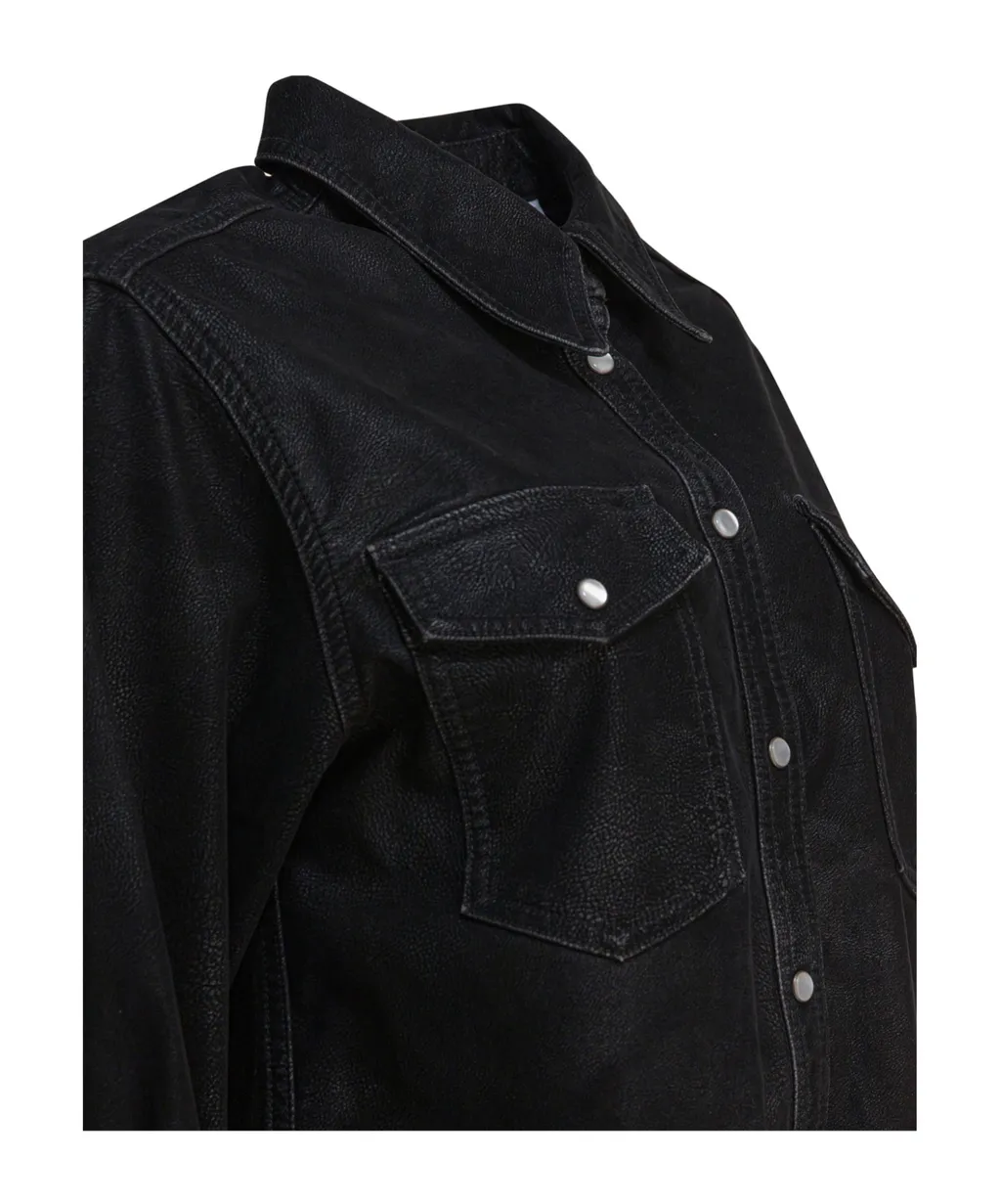 Delcia Leather-Texture Flap-Pocket Shirt