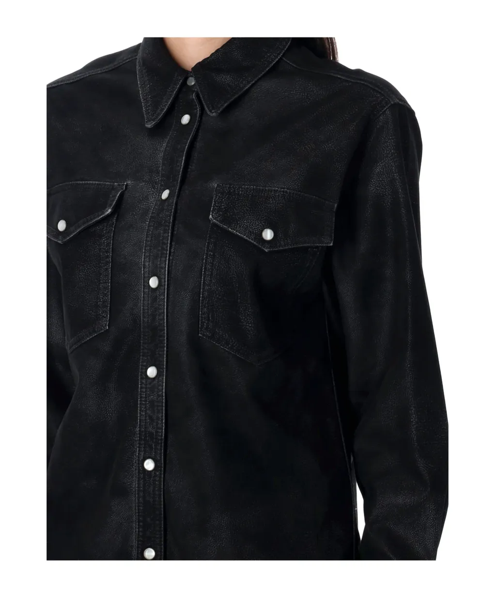 Delcia Leather-Texture Flap-Pocket Shirt