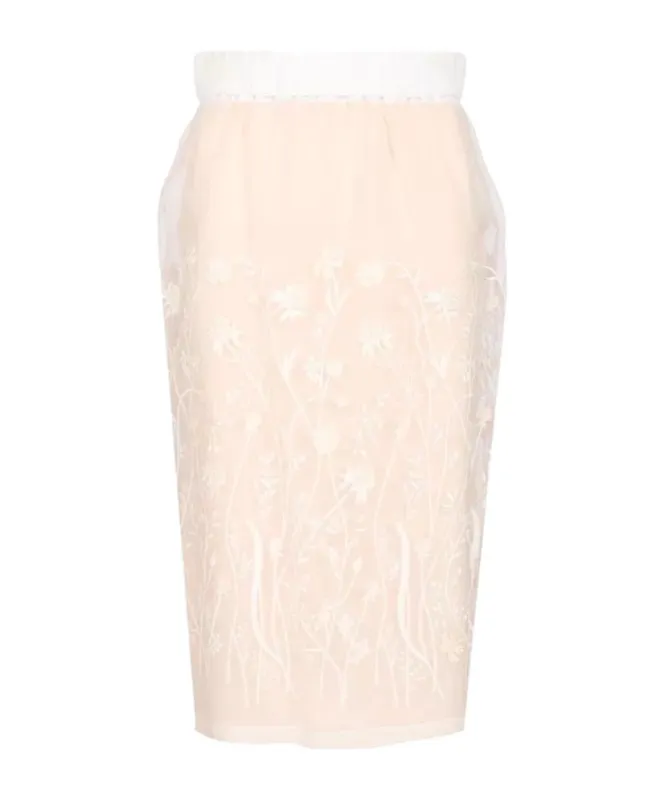 Floral-Embroidered Midi Skirt