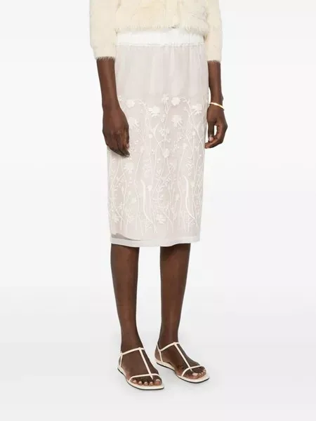 Floral-Embroidered Midi Skirt