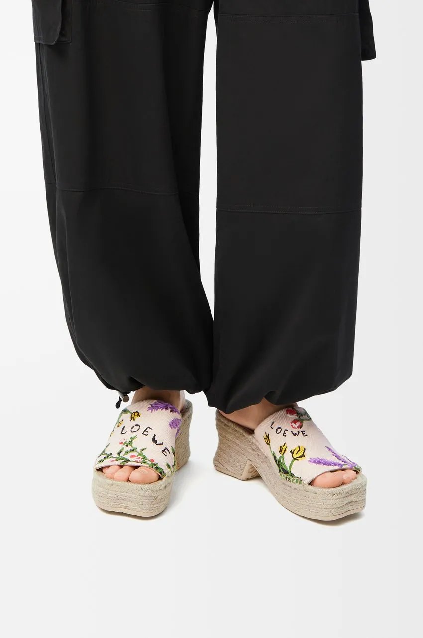 Petal Espadrille Platform Slide In Embroidered Canvas