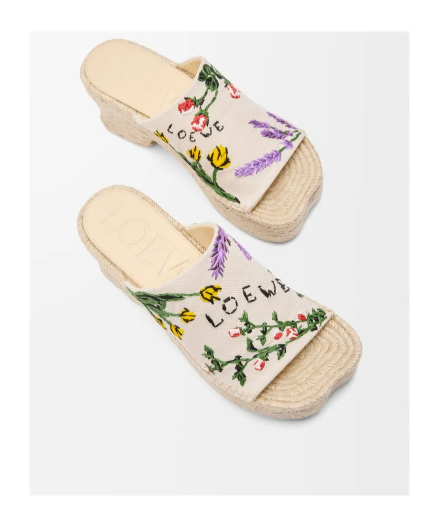 Petal Espadrille Platform Slide In Embroidered Canvas