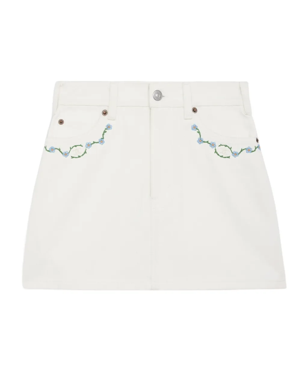 Embroidered Mini Skirt In Raw Wash White Denim