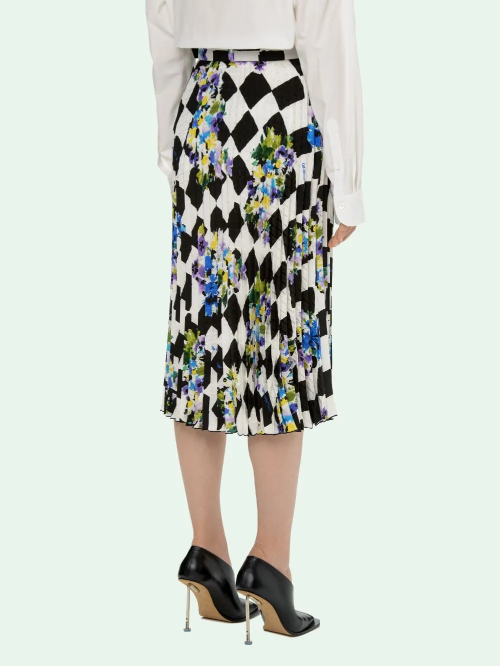 Off-White Floral Check Print Pleated Midi Skirt