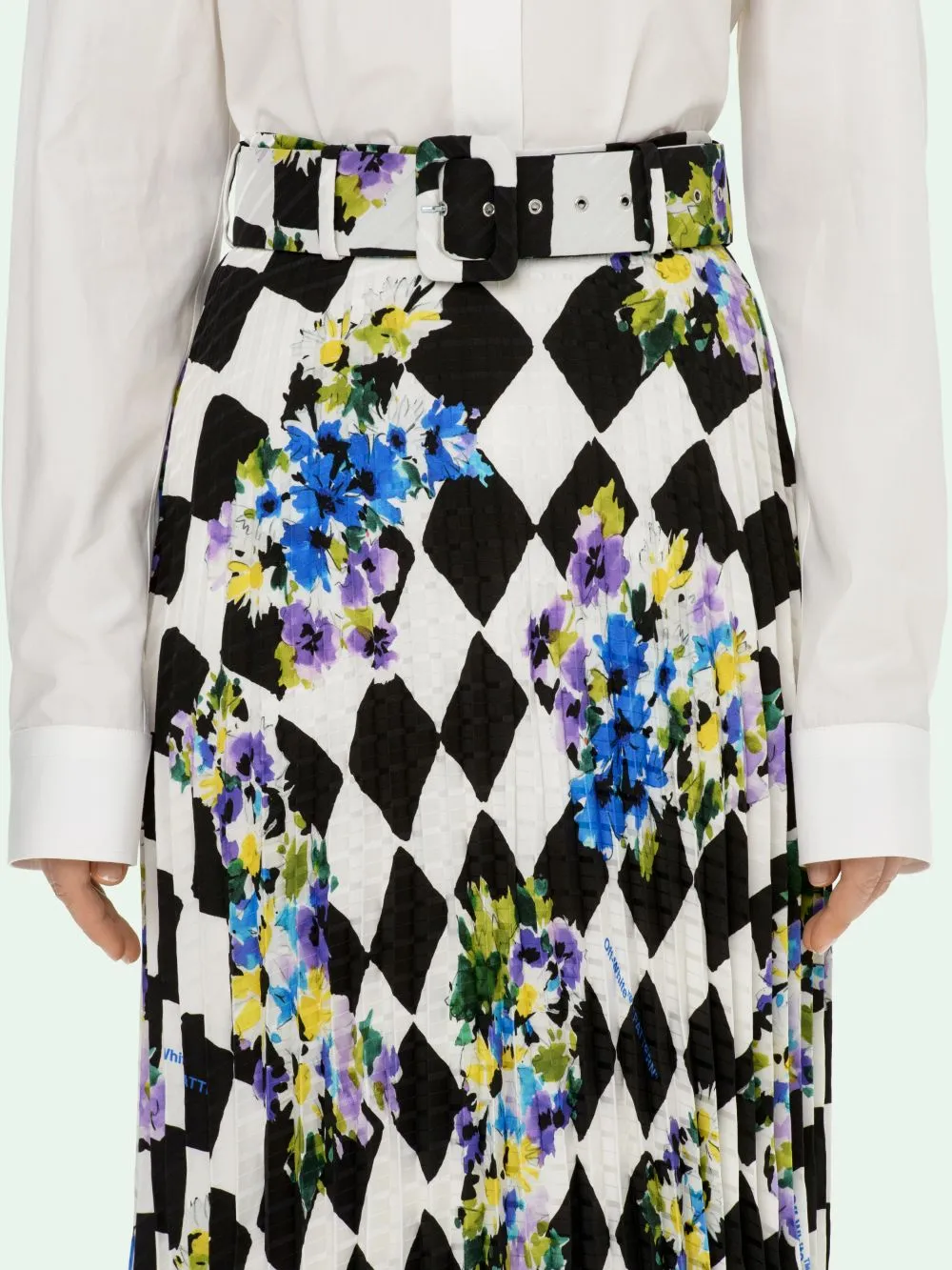 Off-White Floral Check Print Pleated Midi Skirt