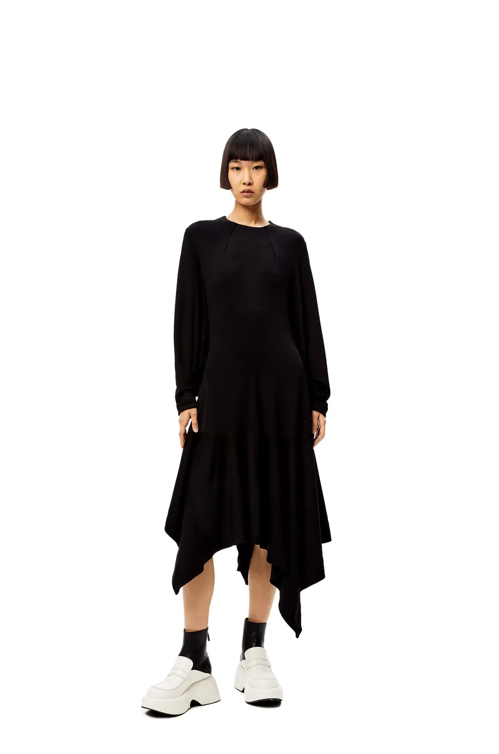 Long-Sleeve Handkerchief-Hem Dress