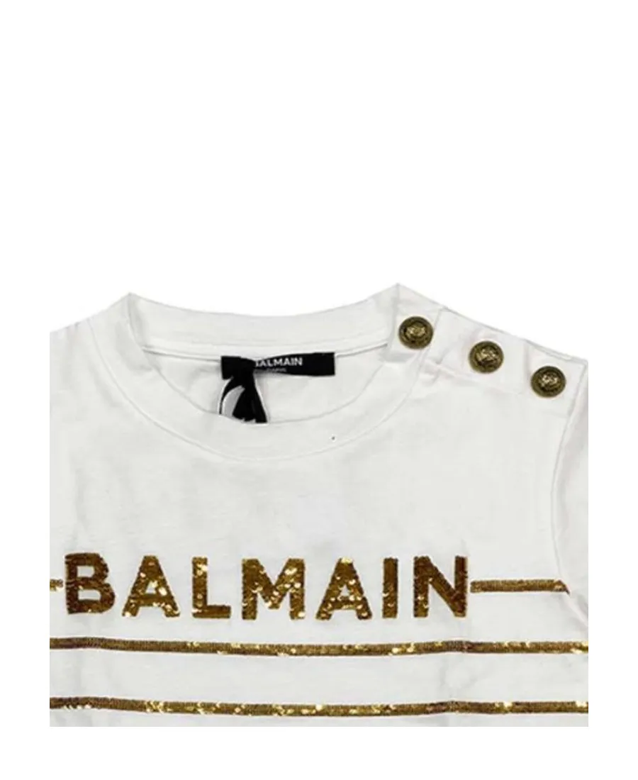 Balmain Kids Logo Sequin-Striped Round Neck T-Shirt
