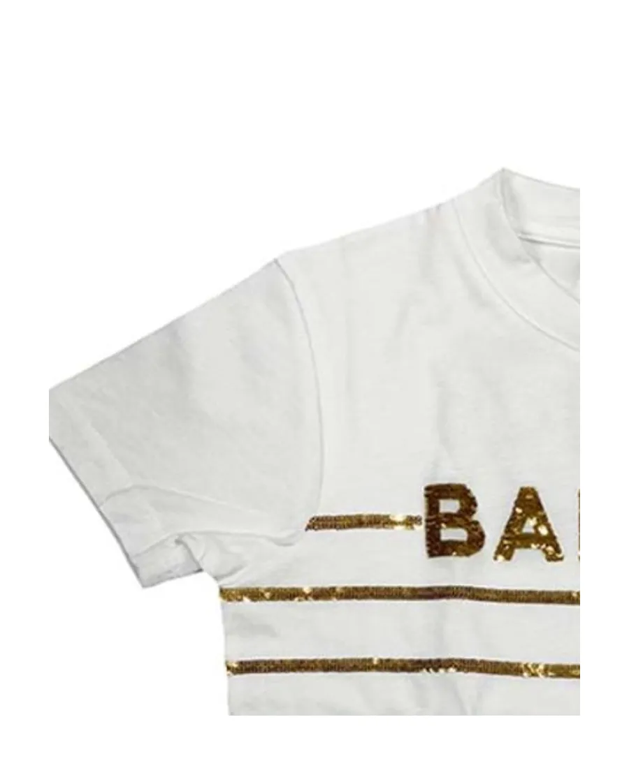 Balmain Kids Logo Sequin-Striped Round Neck T-Shirt