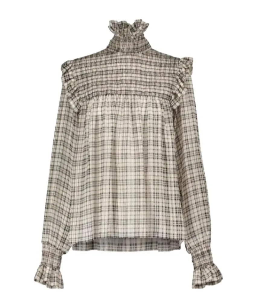 Check-Pattern Long-Sleeve Blouse