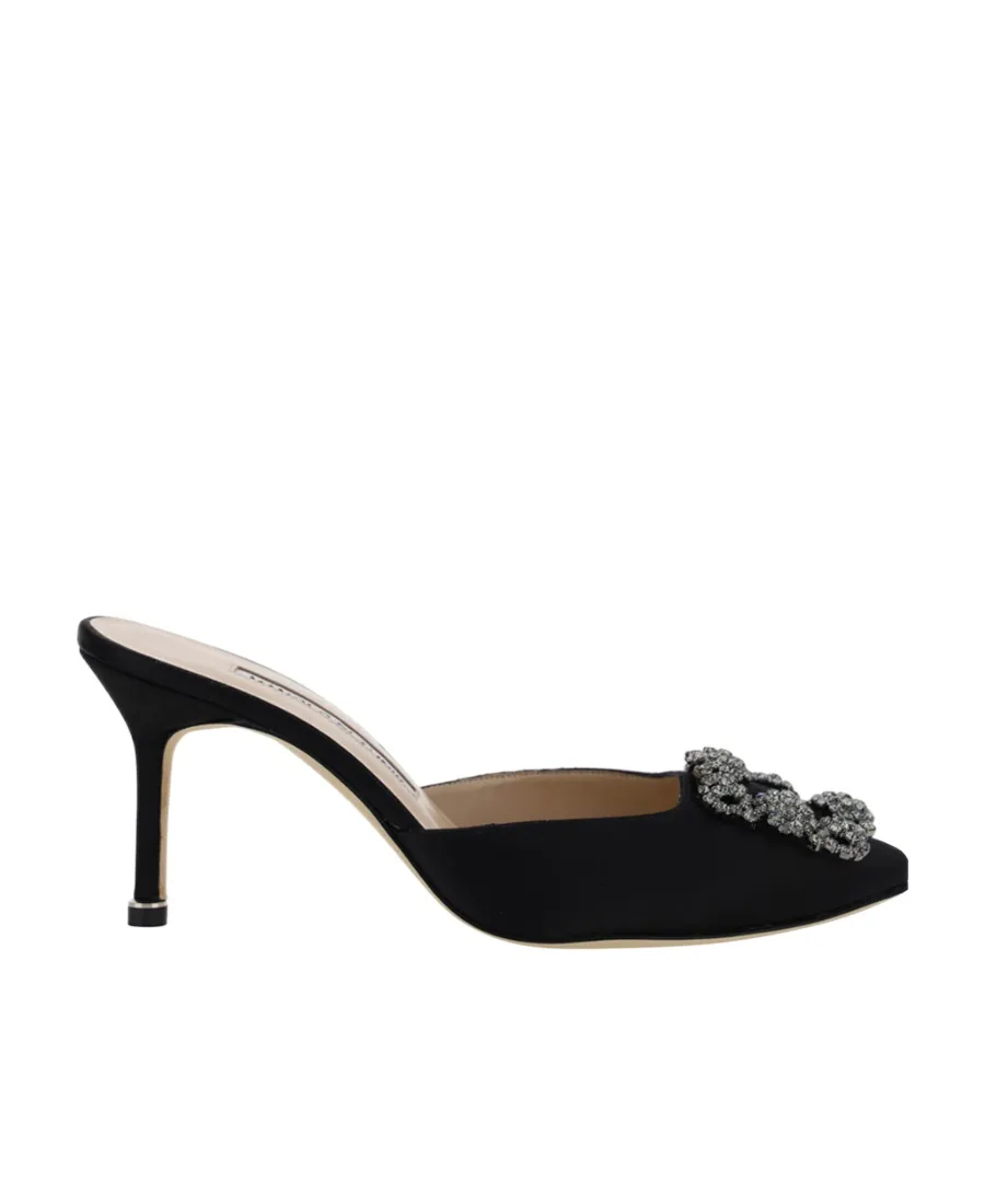 Manolo Blahnik Hangisimuhk Satin Buckle Embellished Mules