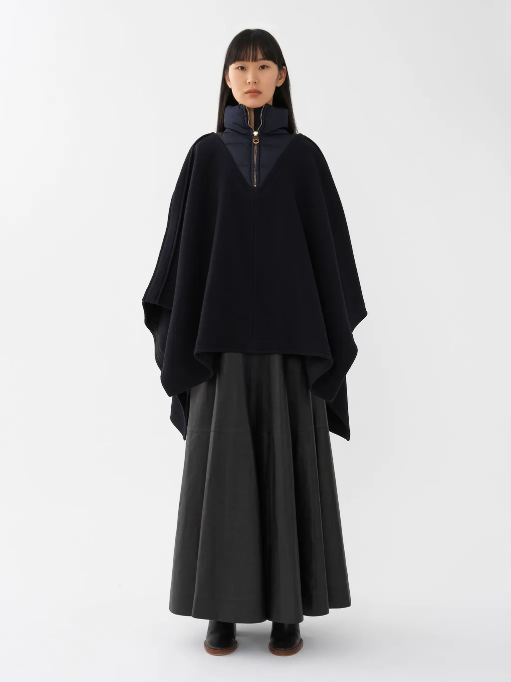 Contrast-Panel Wool Poncho
