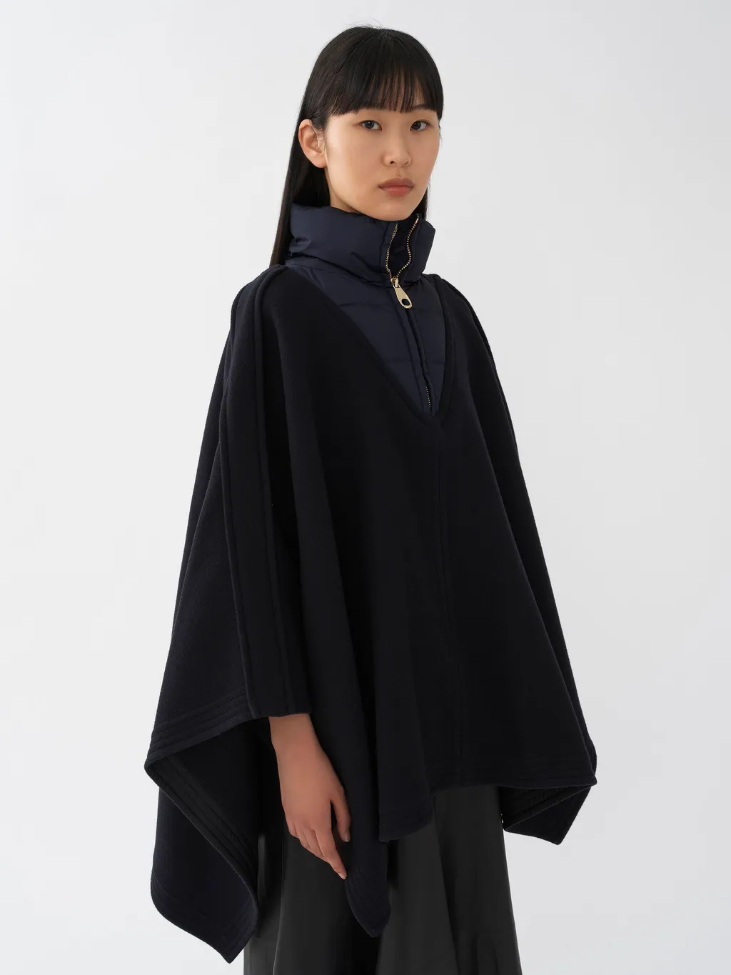 Contrast-Panel Wool Poncho