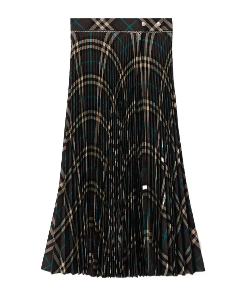 Burberry Checked Pleated Zip-Detailed Skirt