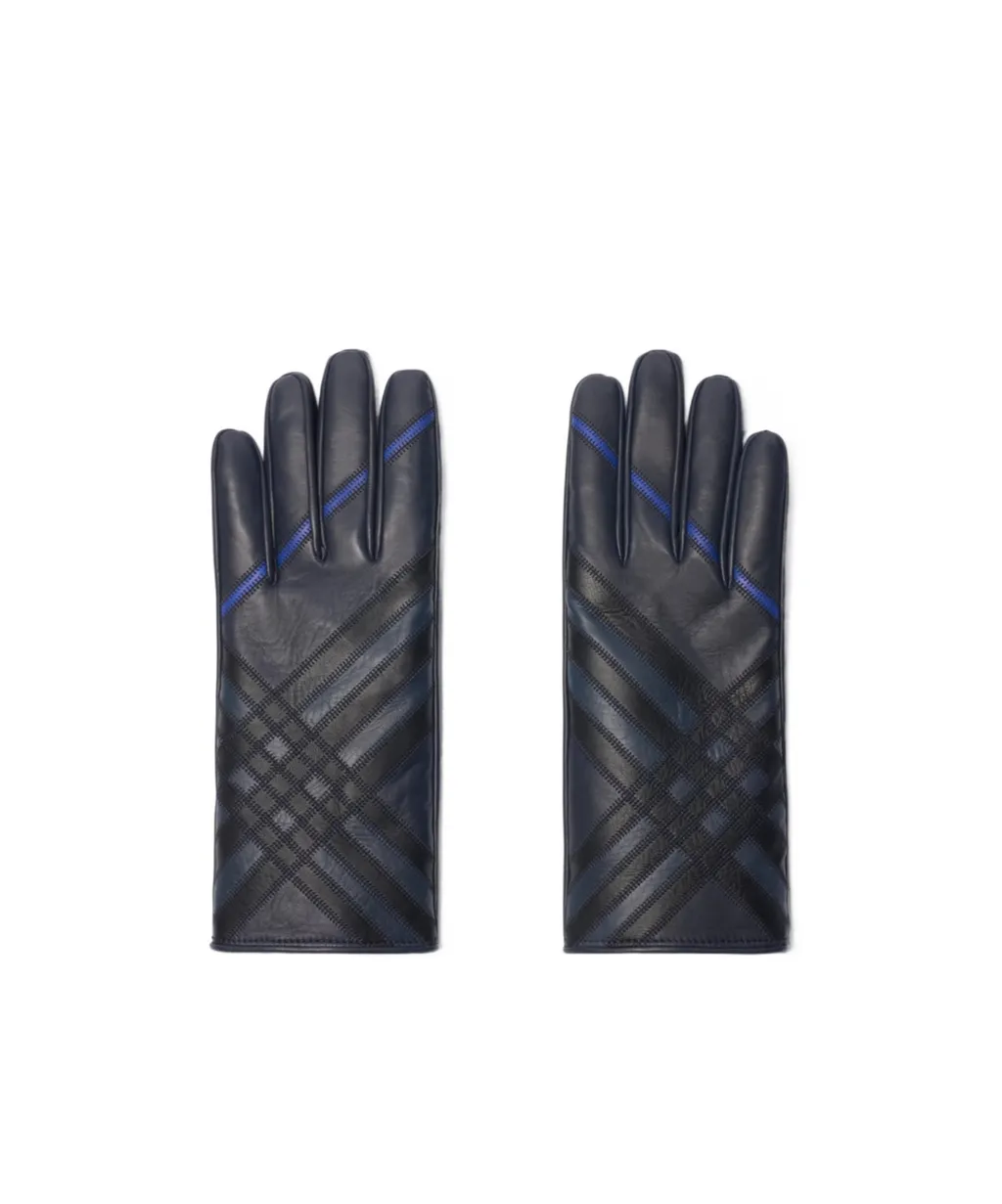 Check Intarsia Leather Gloves