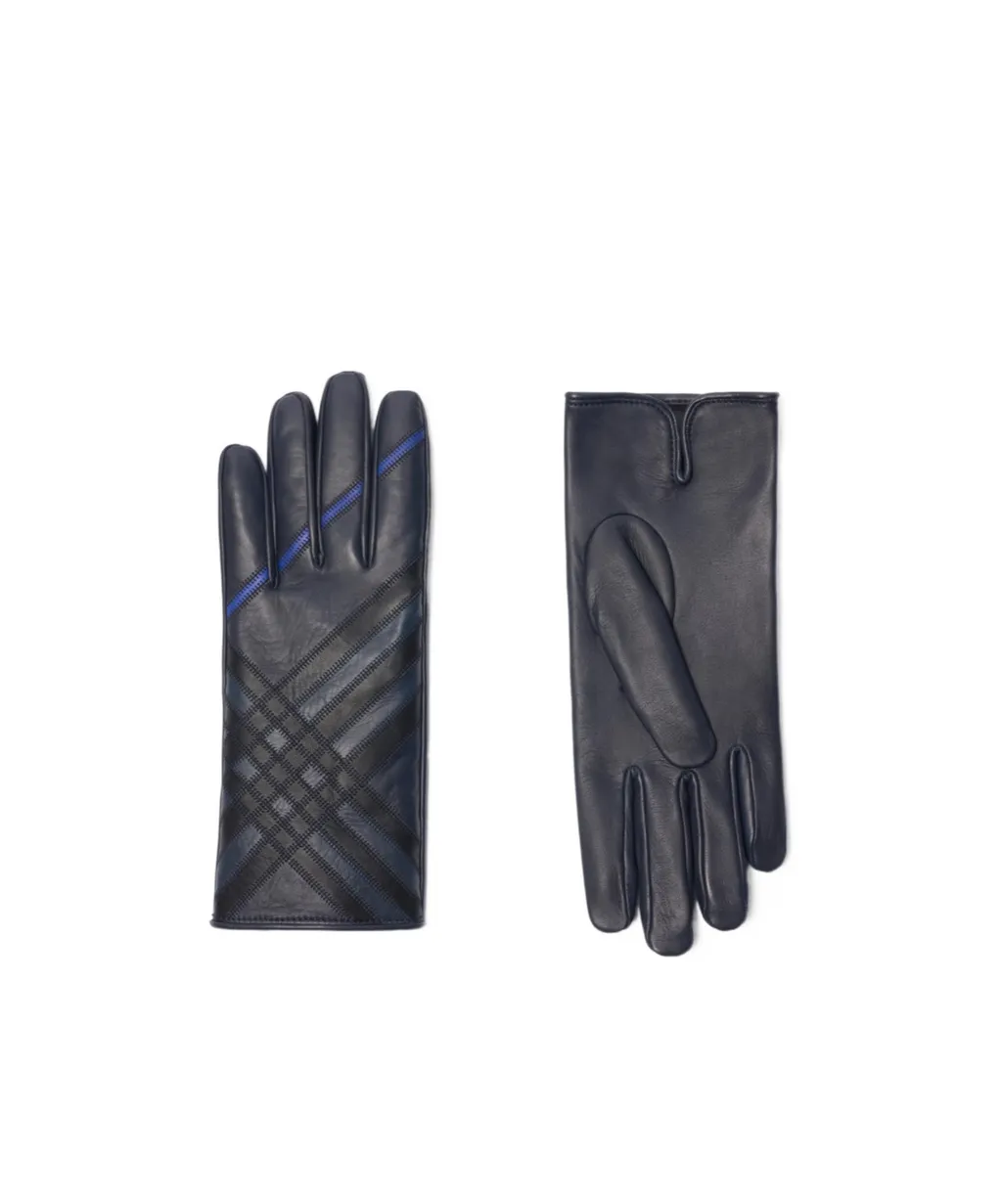 Check Intarsia Leather Gloves