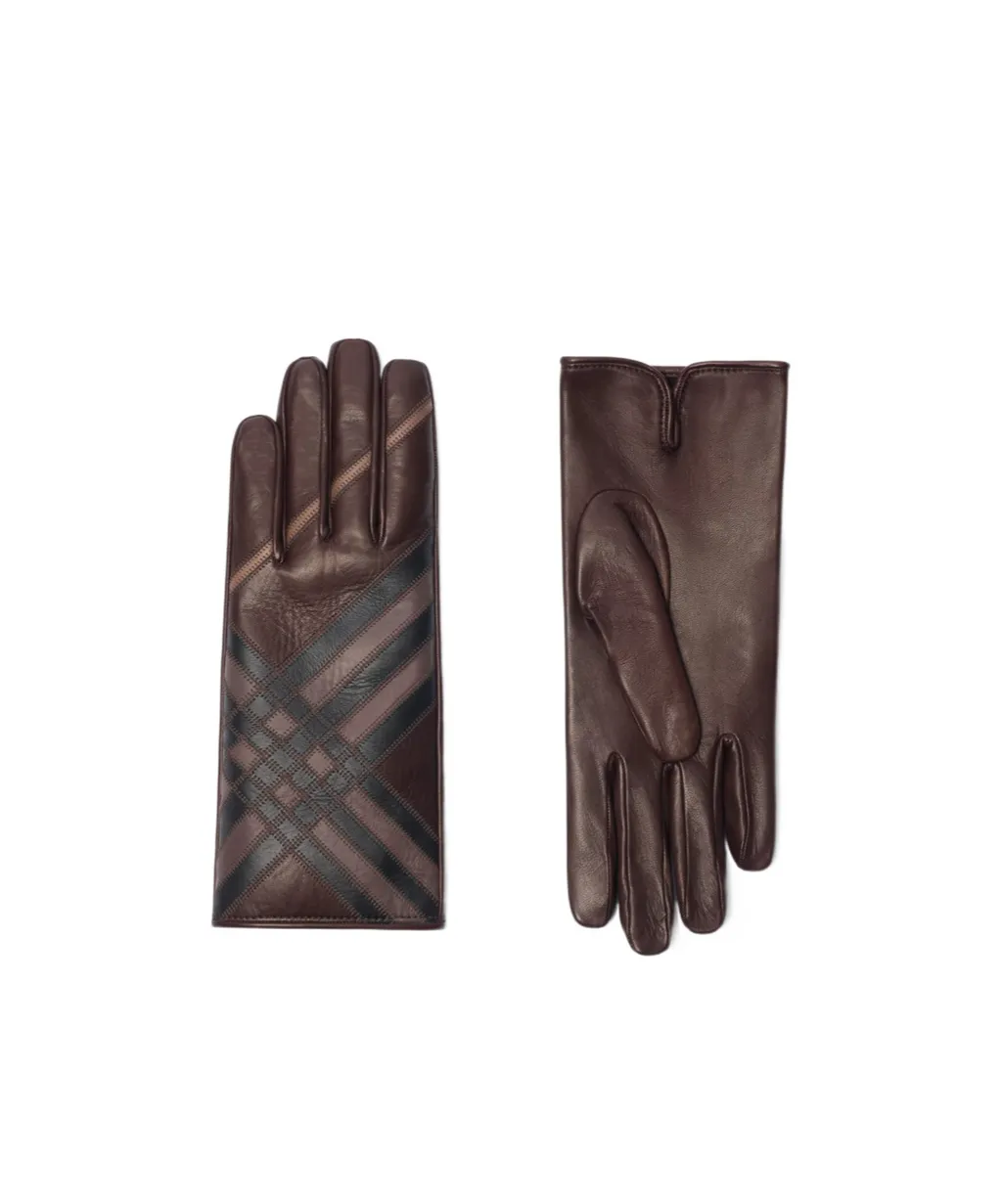 Check Intarsia Leather Gloves