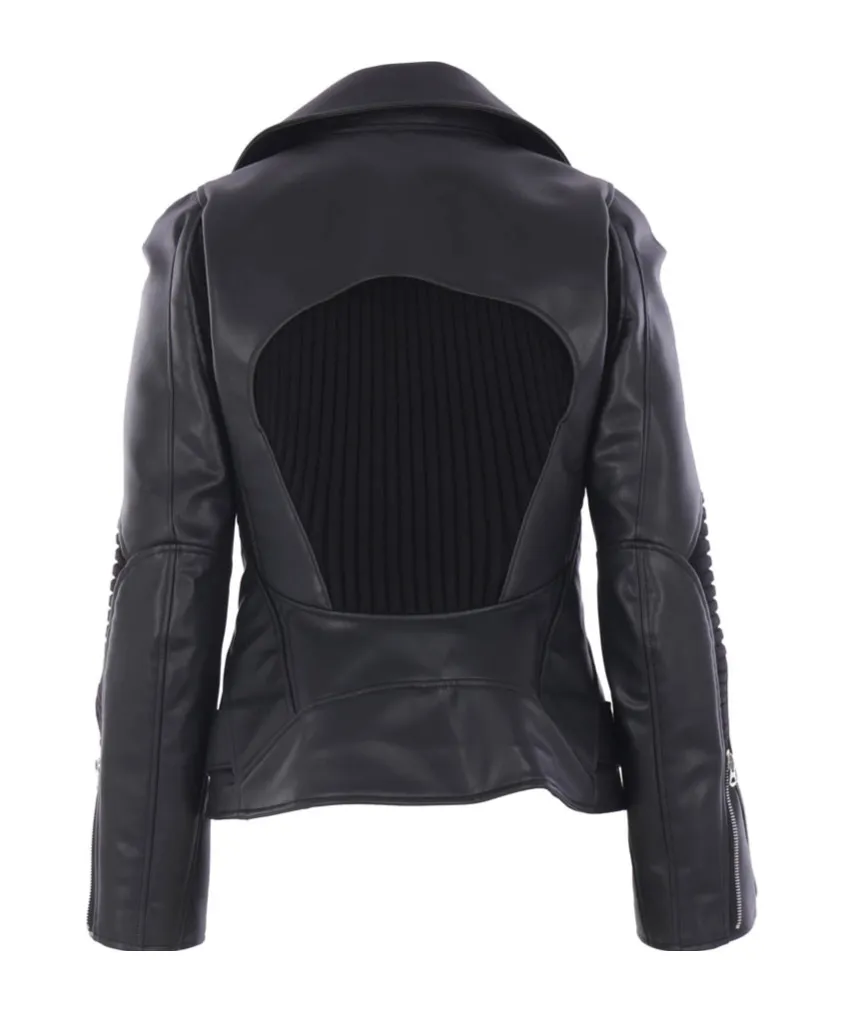 Zippered Long-Sleeved Leather Jacket