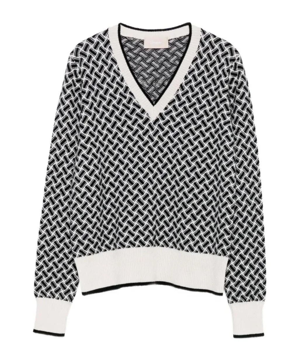 Geometric-Pattern V-Neck Cashmere Sweater