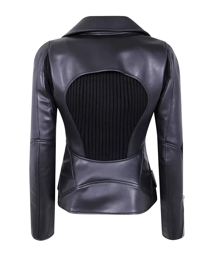 Zippered Long-Sleeved Leather Jacket