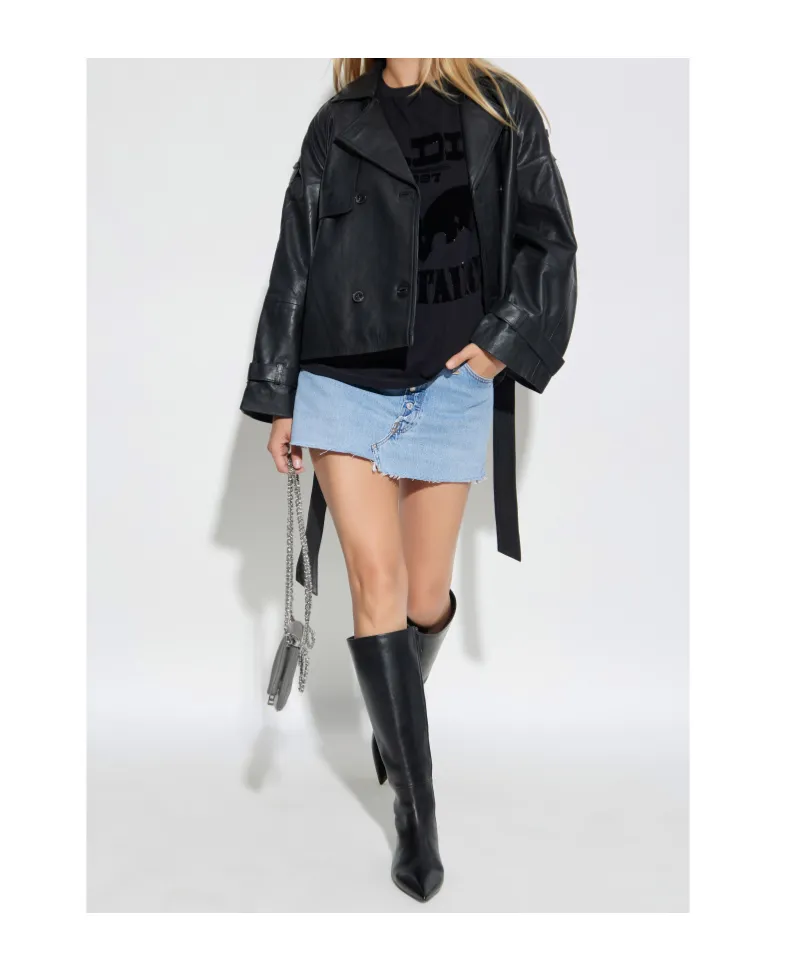 Button-Fastening Frayed Denim Skirt