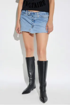 Button-Fastening Frayed Denim Skirt