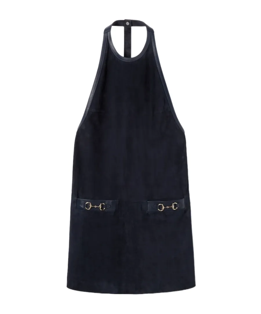 Halterneck Leather-Trimmed Suede Mini Dress