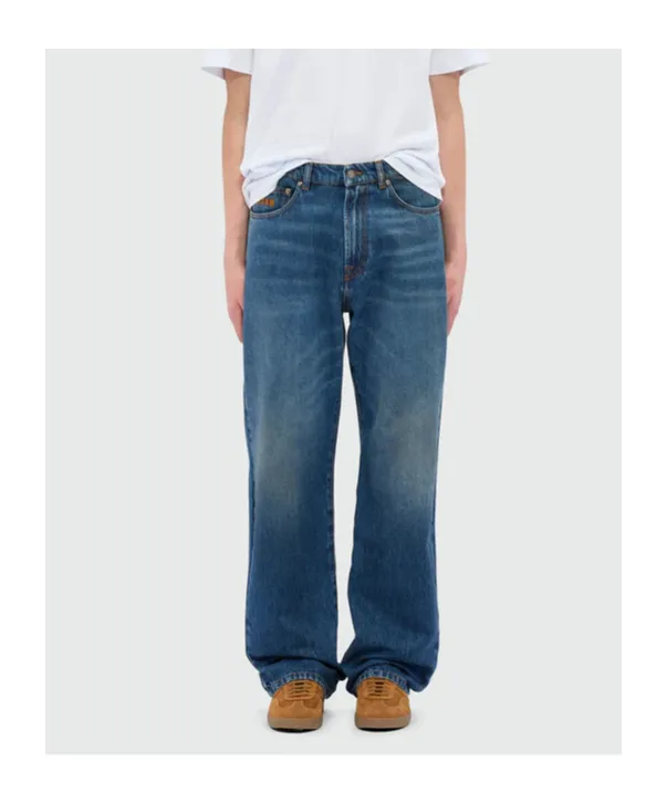 Blue Faded Denim Trousers With Embroidered Logo