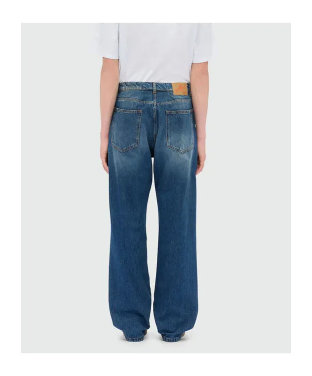 Blue Faded Denim Trousers With Embroidered Logo