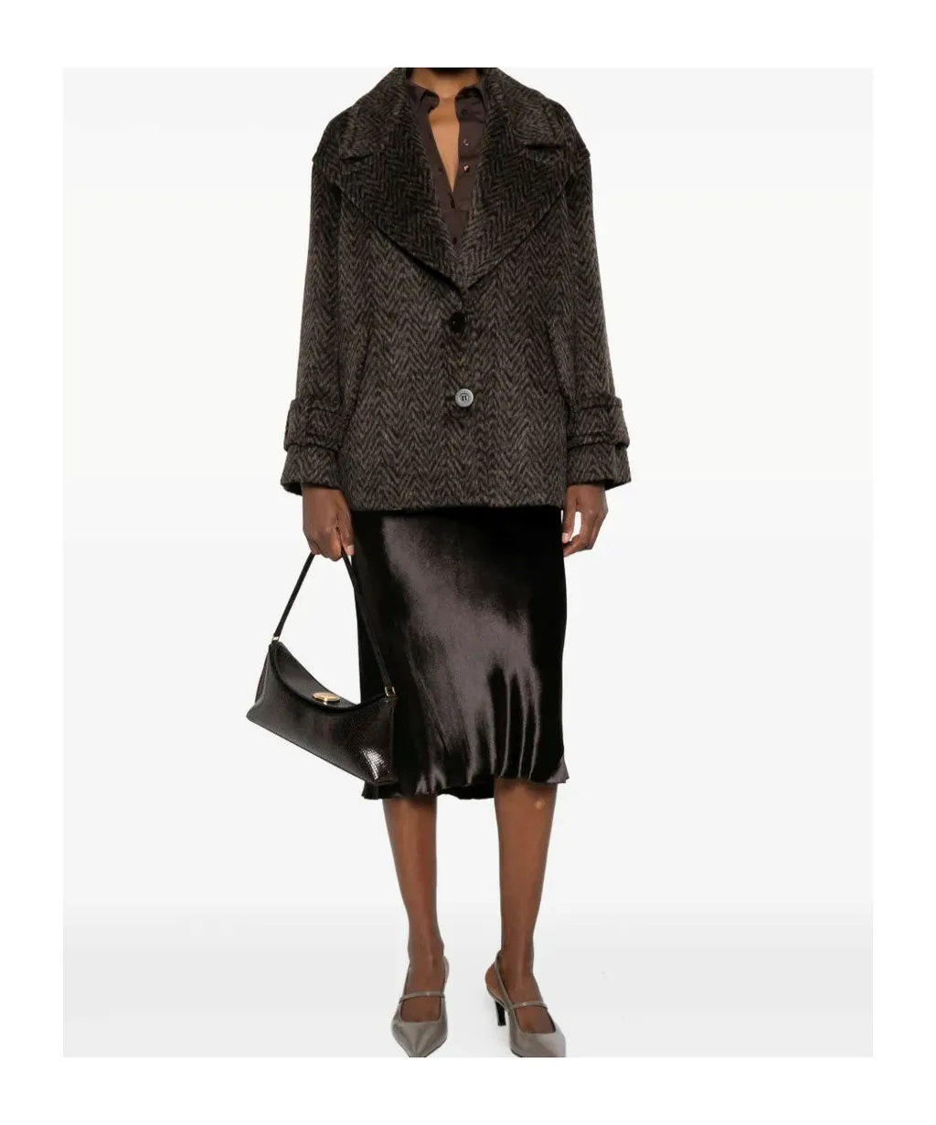 Herringbone-Pattern Button Coat