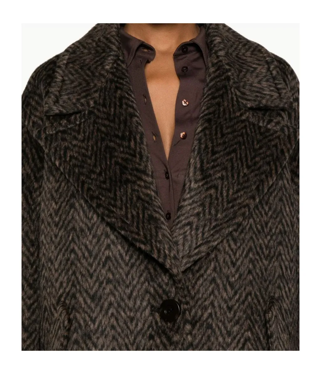 Herringbone-Pattern Button Coat