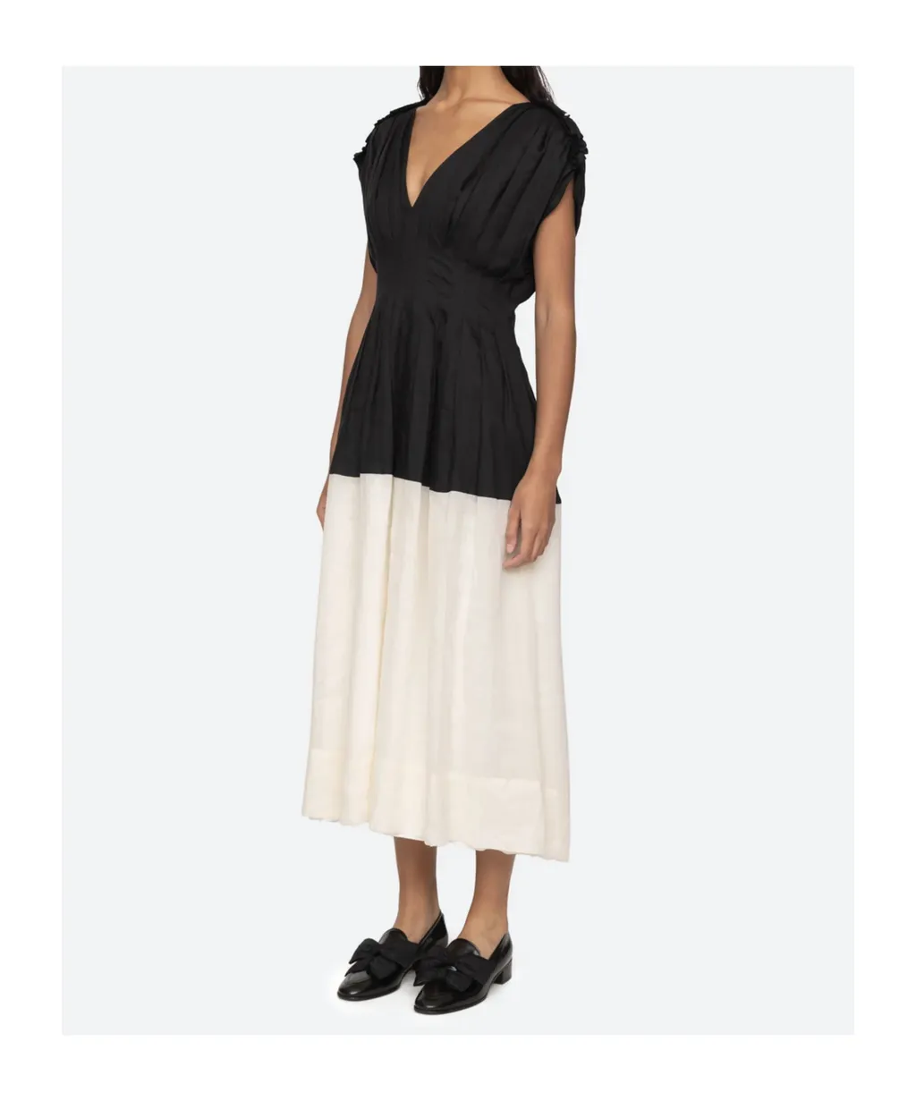 Pleated V-Neck Mini Dress