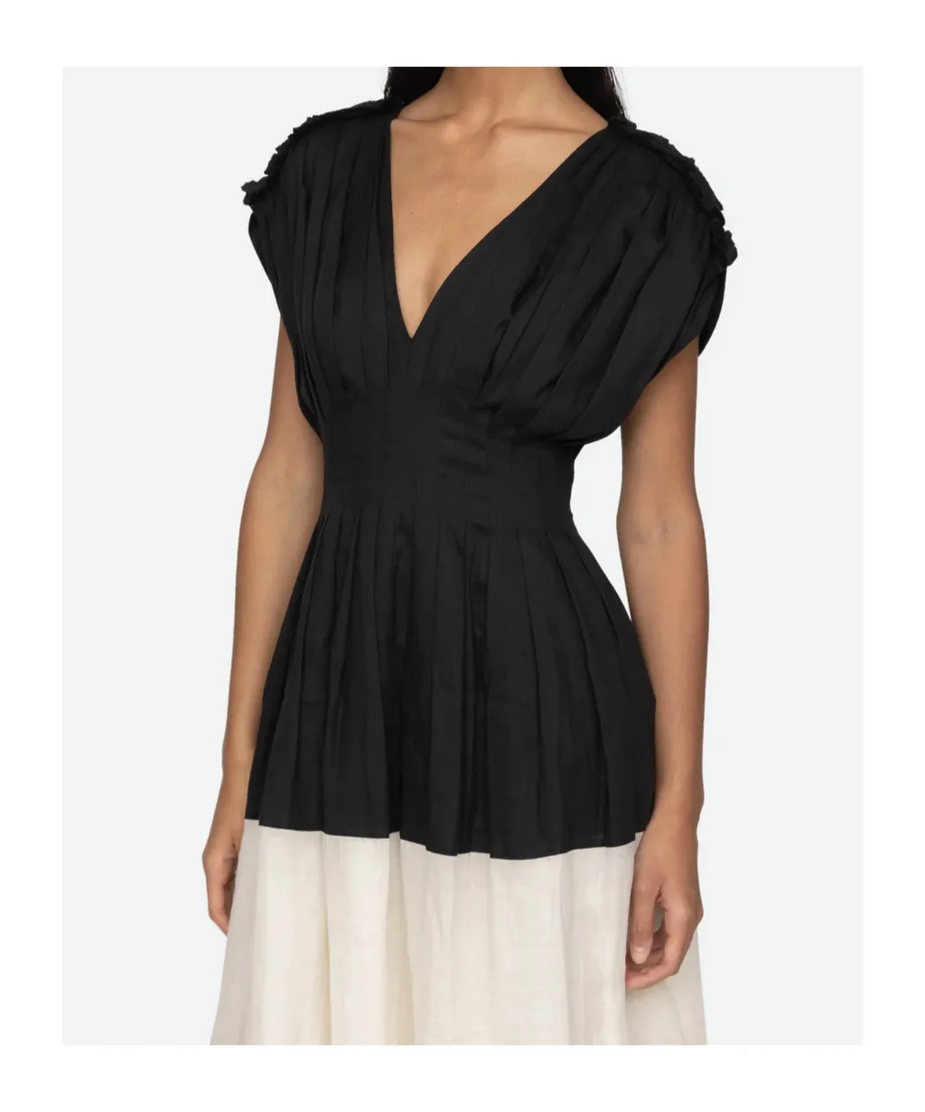 Pleated V-Neck Mini Dress