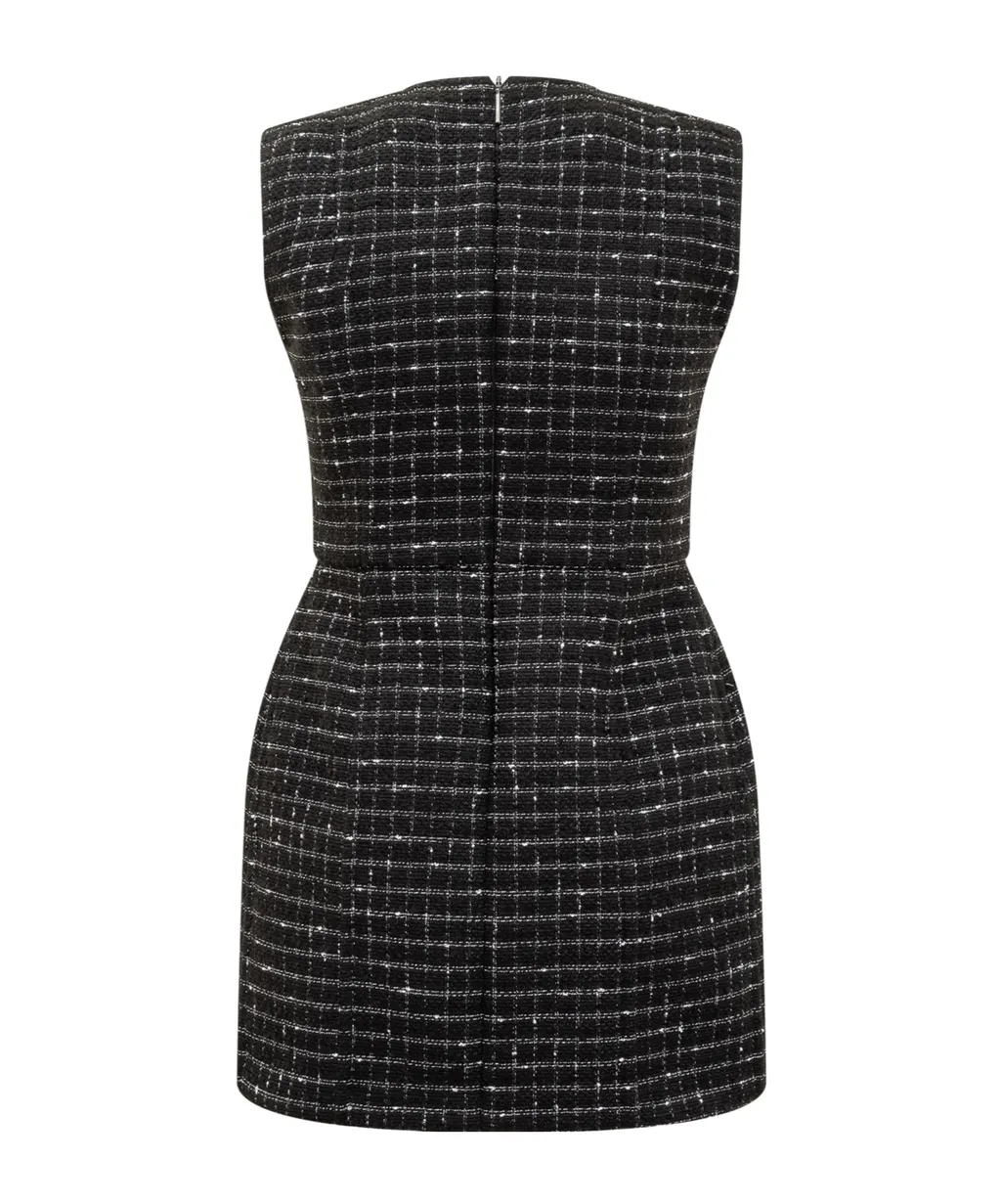 Msgm Checked Embellished Sleeveless Tweed Mini Dress