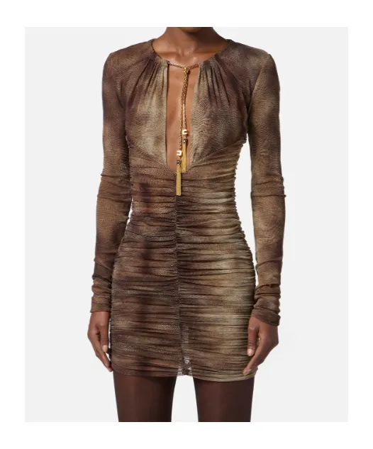 Elisabetta Franchi Printed Gathered Cut-Out Neckline Dress