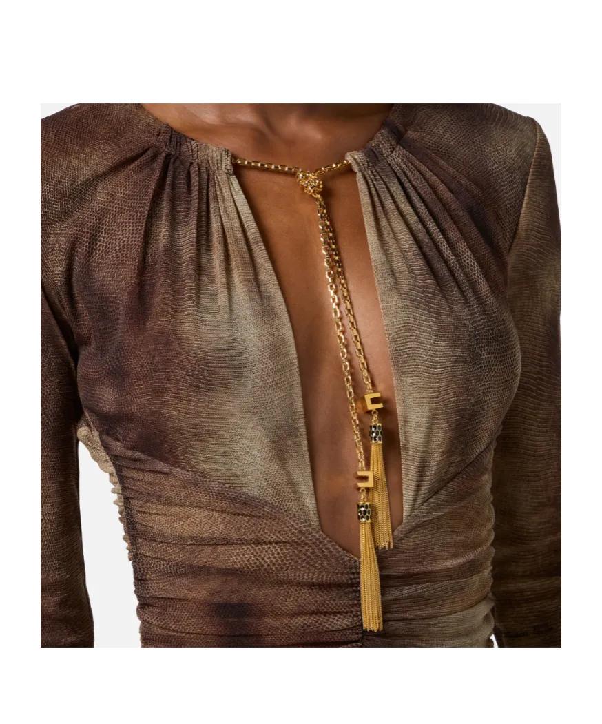 Elisabetta Franchi Printed Gathered Cut-Out Neckline Dress