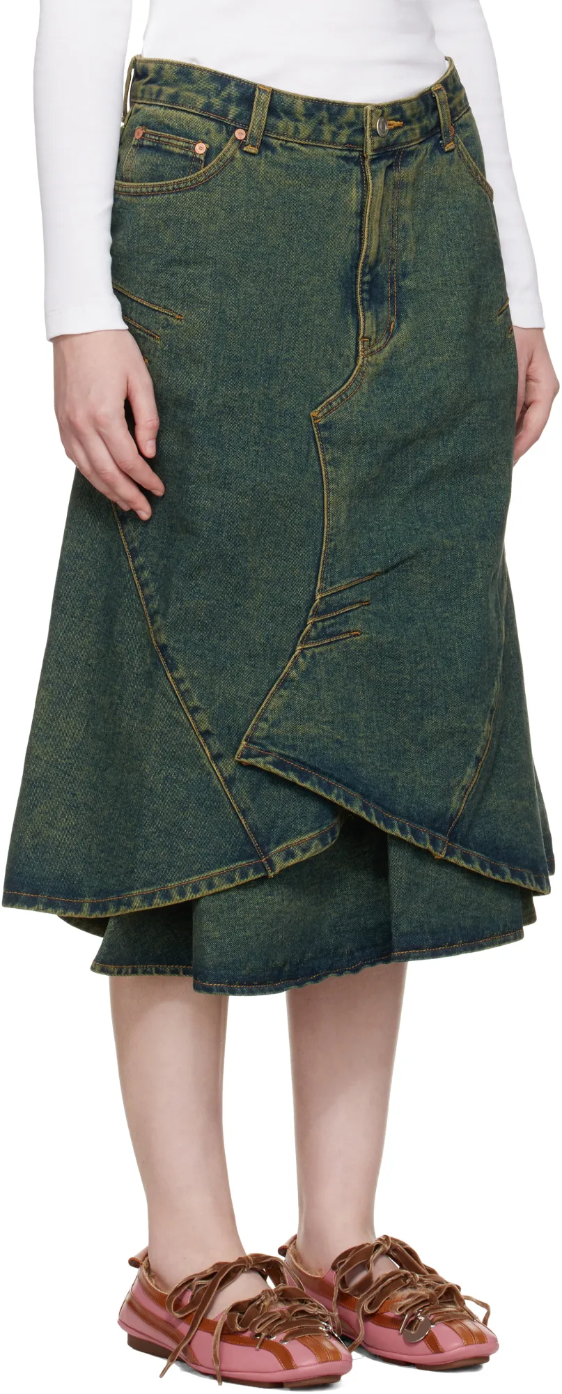 Flared Layered Denim Midi Skirt
