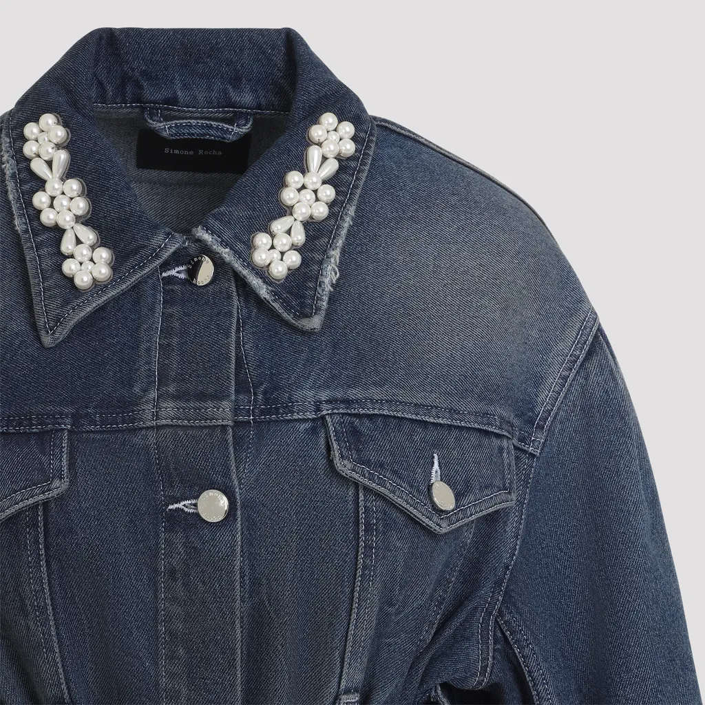 Simone Rocha Embellished Belted Buttoned Denim Jacket