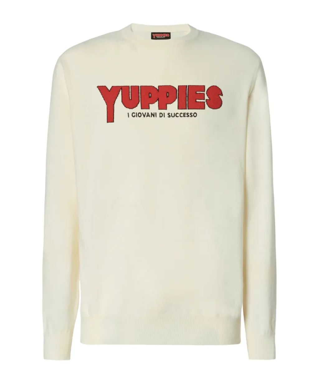 Heron Light Sweater In White With Yuppies Jacquard And Embroidery
