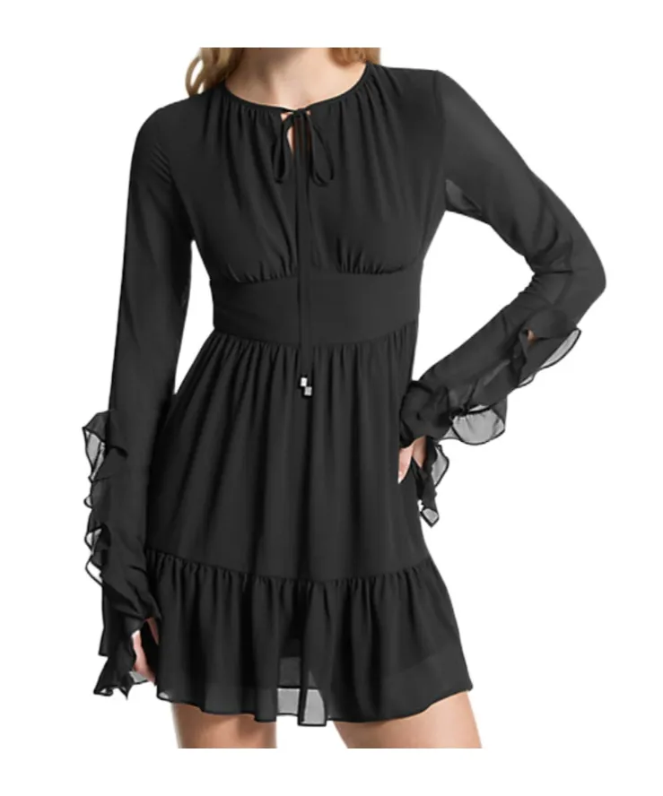 Ruffled Georgette Long-Sleeve Dress