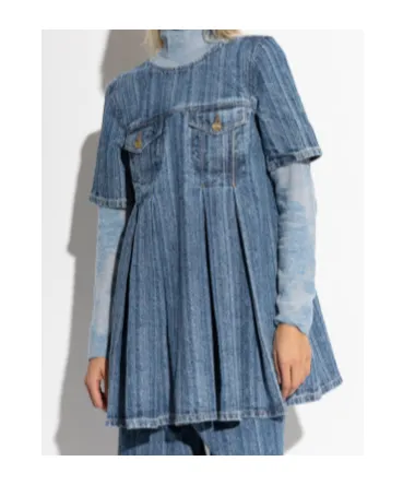 Striped Denim Pleated Mini Dress