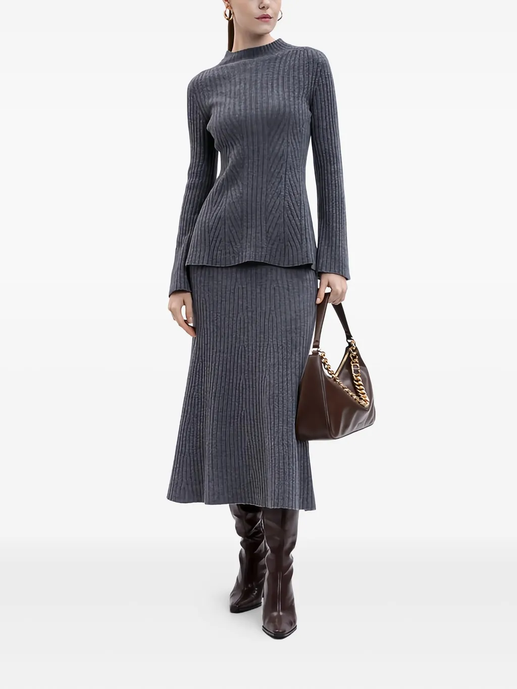 Ribbed Flared Midi Skirt