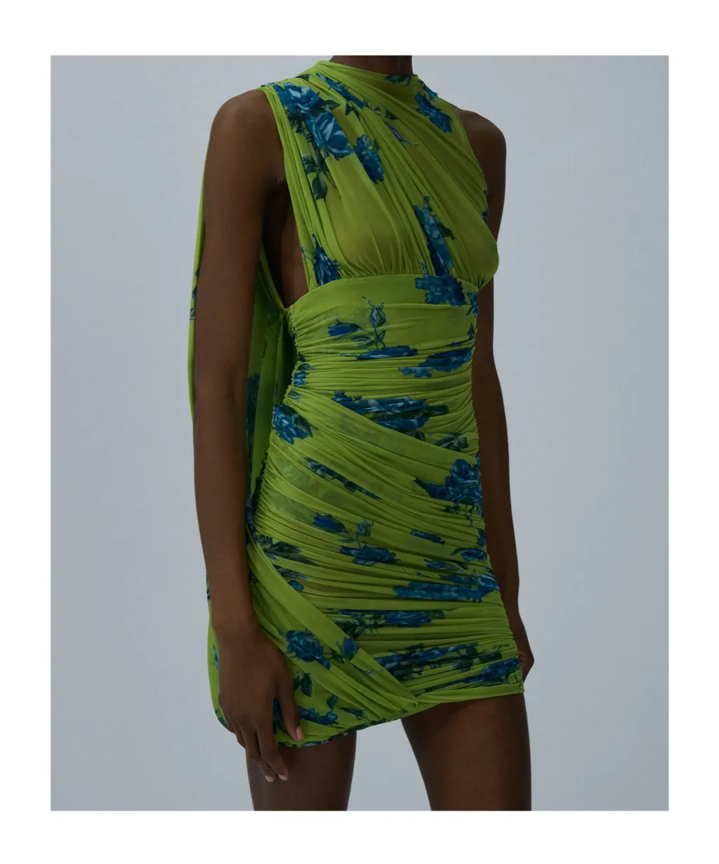 Floral-Print Draped Mini Dress