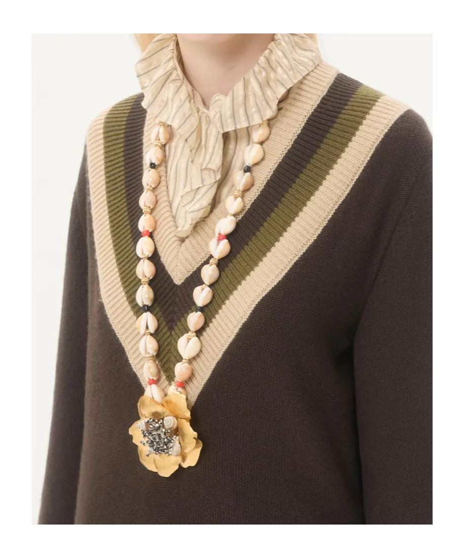 Jardin Aquatique Necklace In Metal, Fabric, Shells, Coral And Onyx