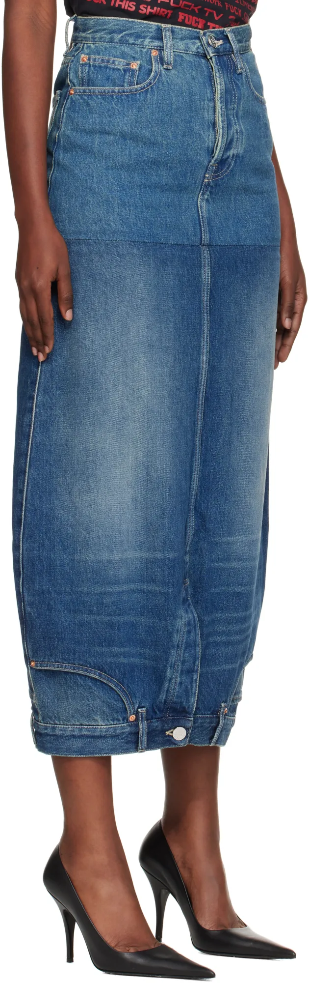 Upside-Down Denim Midi Skirt