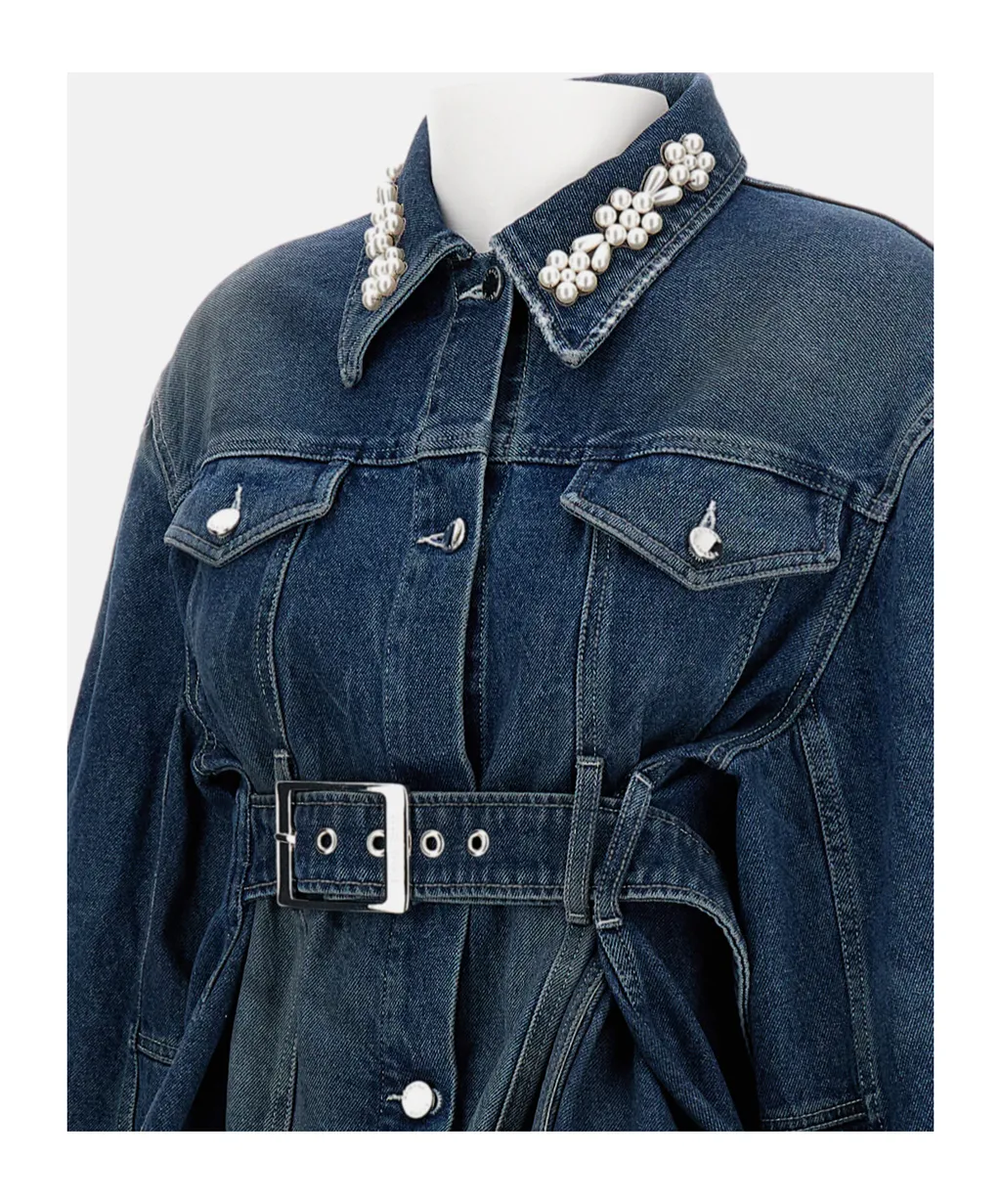 Pearl-Embellished Belted Denim Jacket