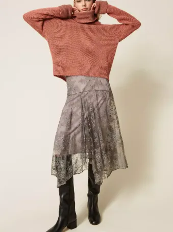 Lace Asymmetric Midi Skirt