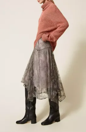 Lace Asymmetric Midi Skirt