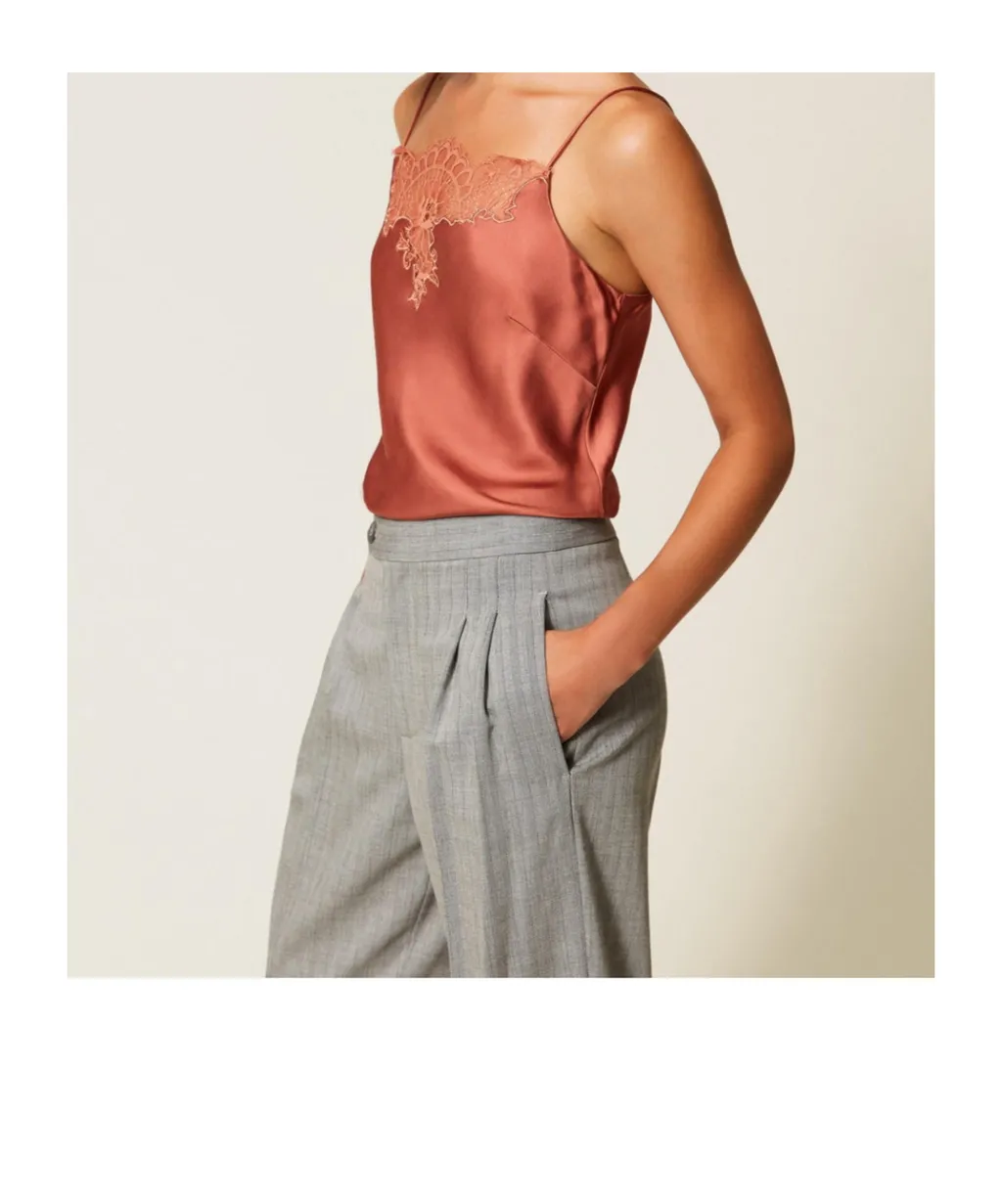 Lace-Trimmed Satin Top